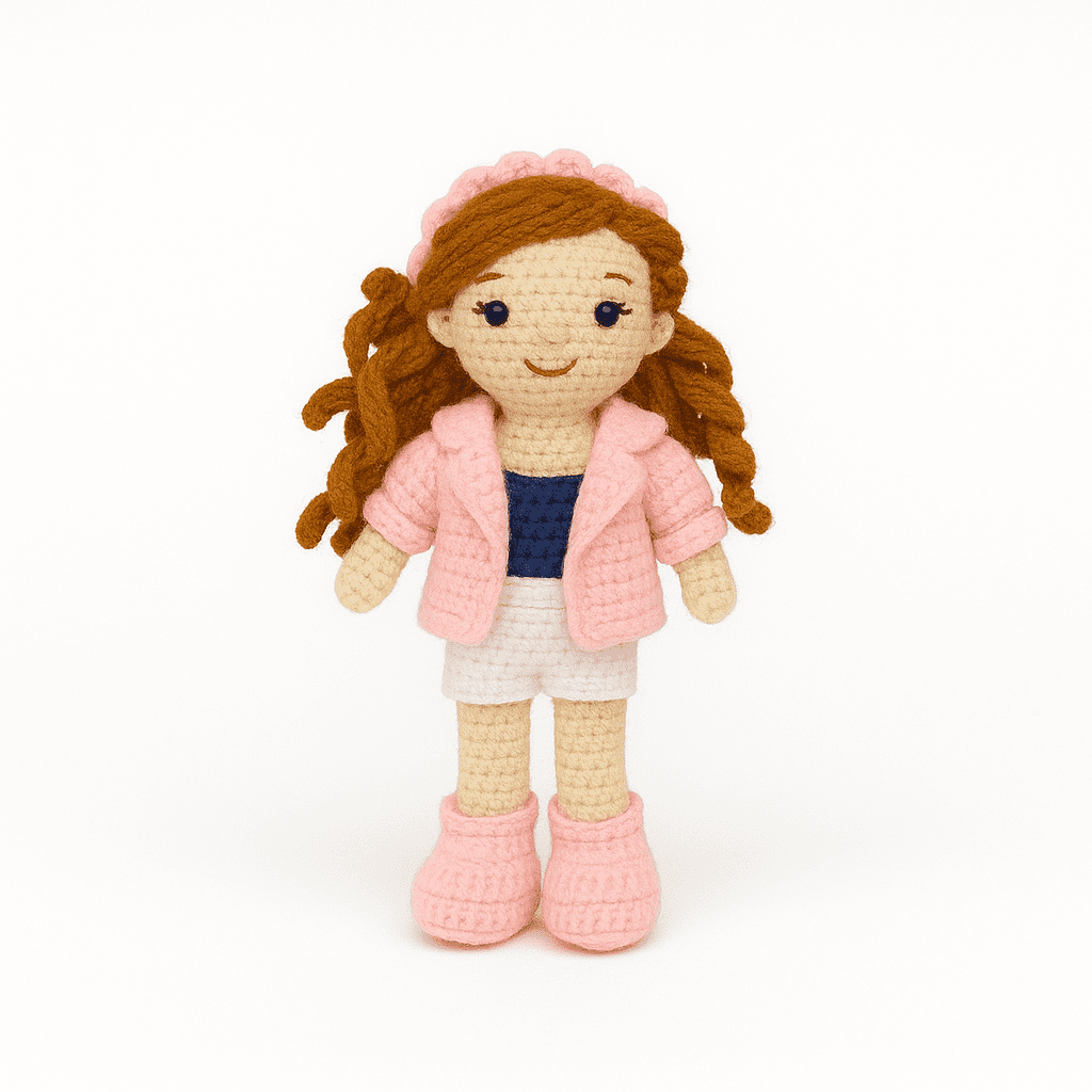 Handmade Crochet Girl Doll – Woolen Plush in Pink Jacket, White Skirt & Headband | Stylish Soft Toy for Kids & Gifting