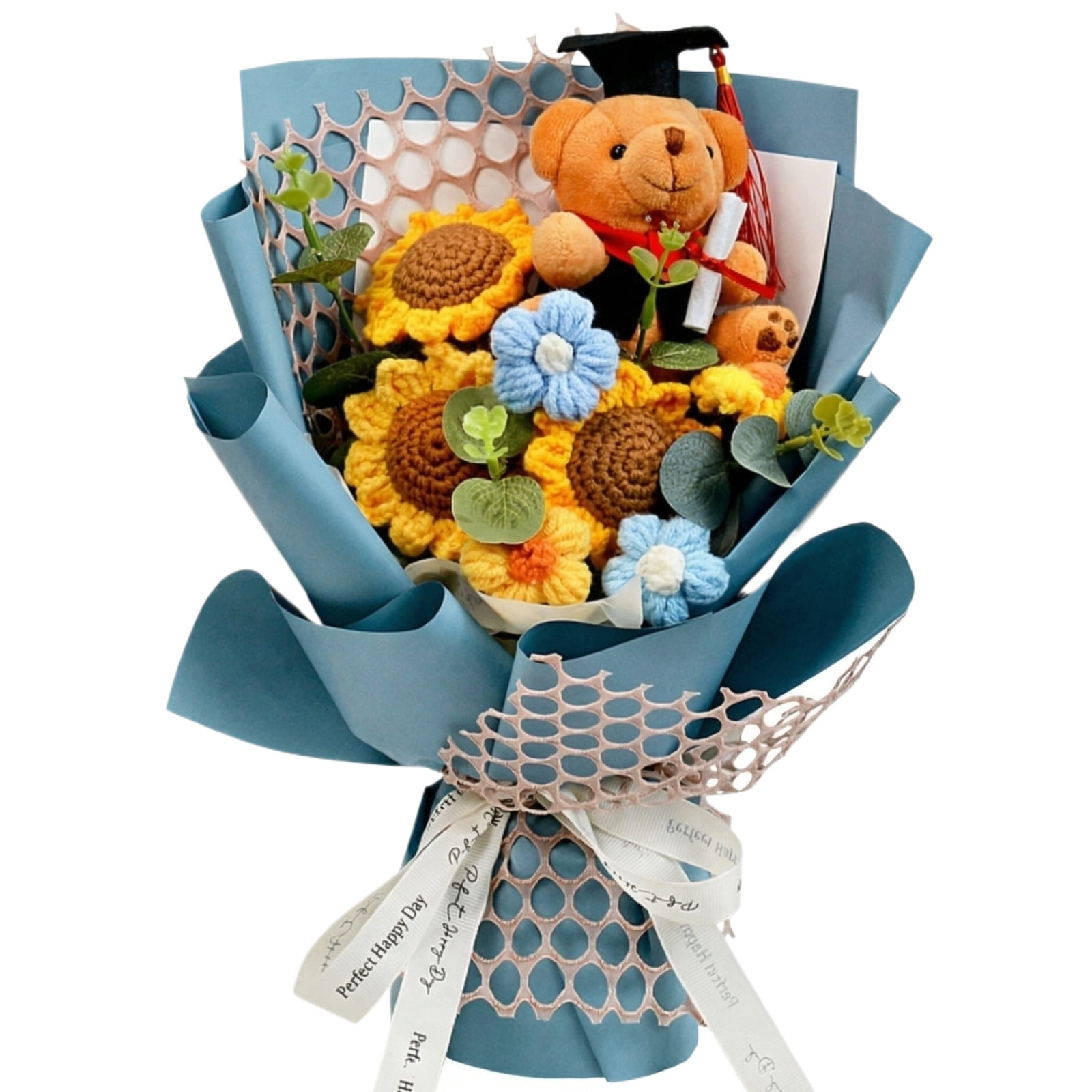 Handmade Crochet Graduation Bouquet Light Blue With Graduation Doctor Bear Crochet Sunflower For Graduate Gift 1 Pack