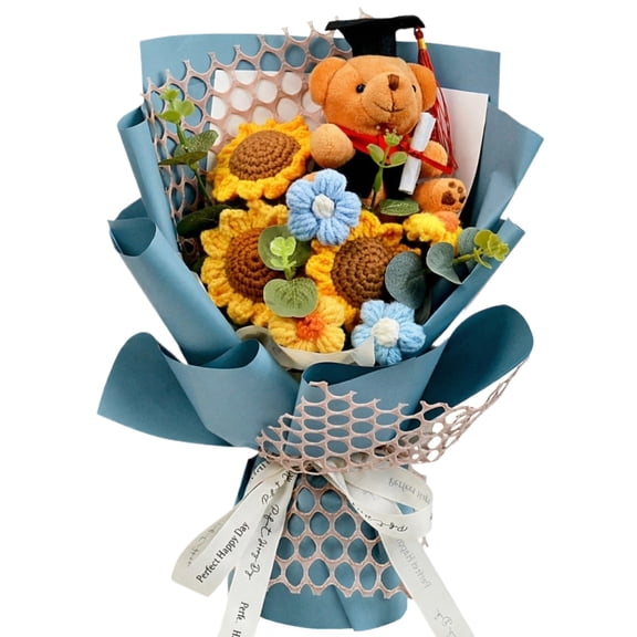 Handmade Crochet Graduation Bouquet Light Blue With Graduation Doctor Bear Crochet Sunflower For Graduate Gift 1 Pack