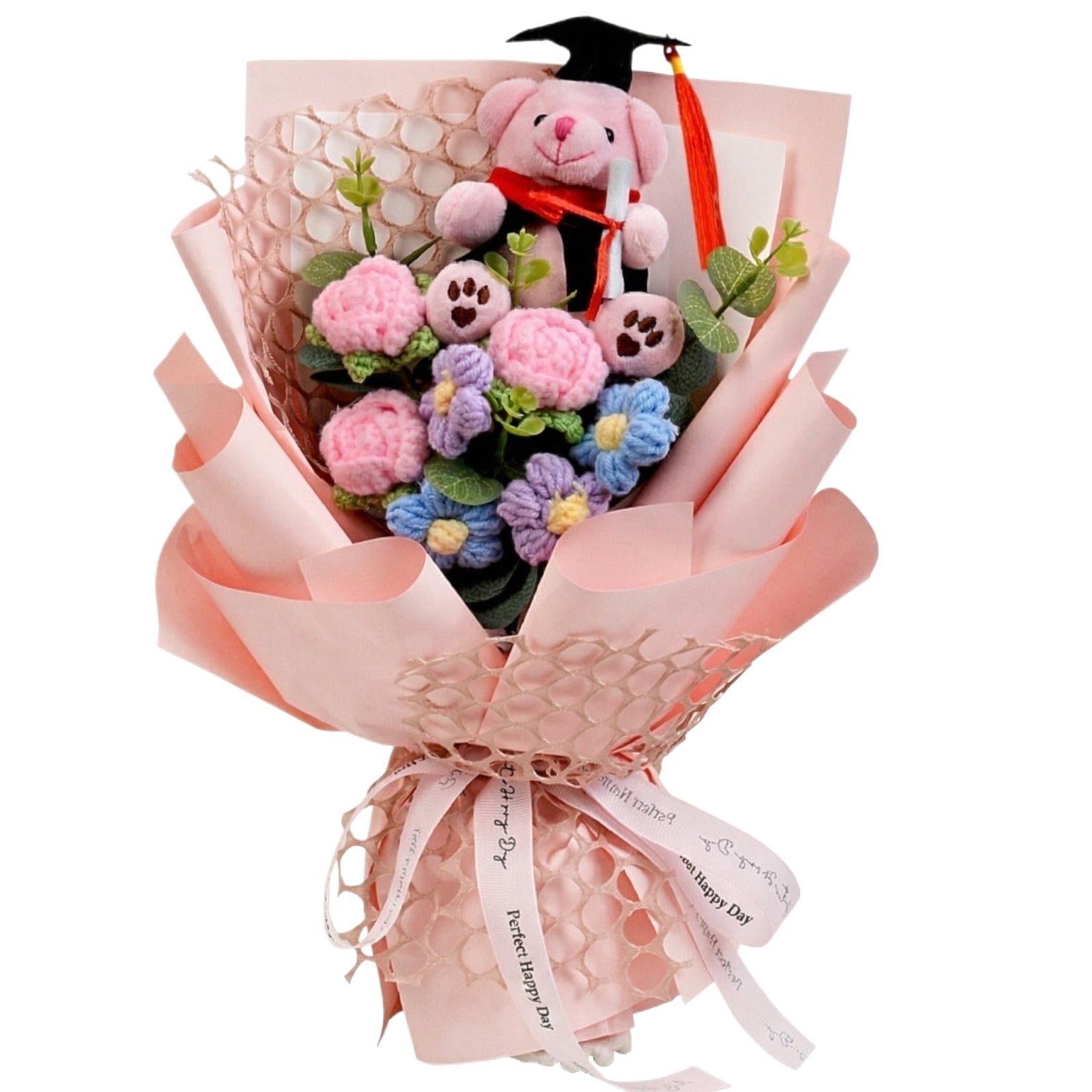 Handmade Crochet Graduation Bouquet Pink Finished Knitted Sunflower Rose With Graduation Bear For Graduation Gift