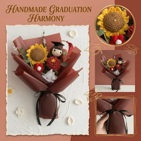 Handmade Crochet Graduation Gift Bouquet Mixed Knit Yarn Flowers for Teacher Friend Classmate Commencement Present Decor