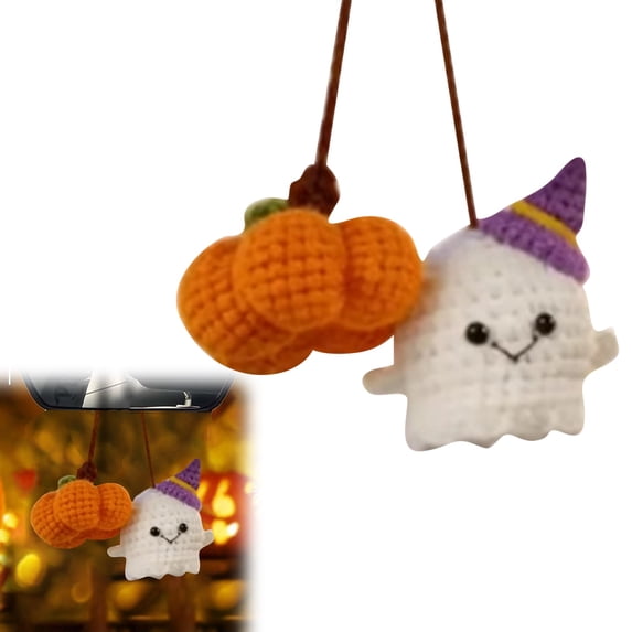 Handmade Crochet Halloween Rearview Mirror Ornament Mini Ghost & Pumpkin Hanging Decor,Adorable Car Interior Accessory For Fall & Spooky Season Hangs 2.36" New