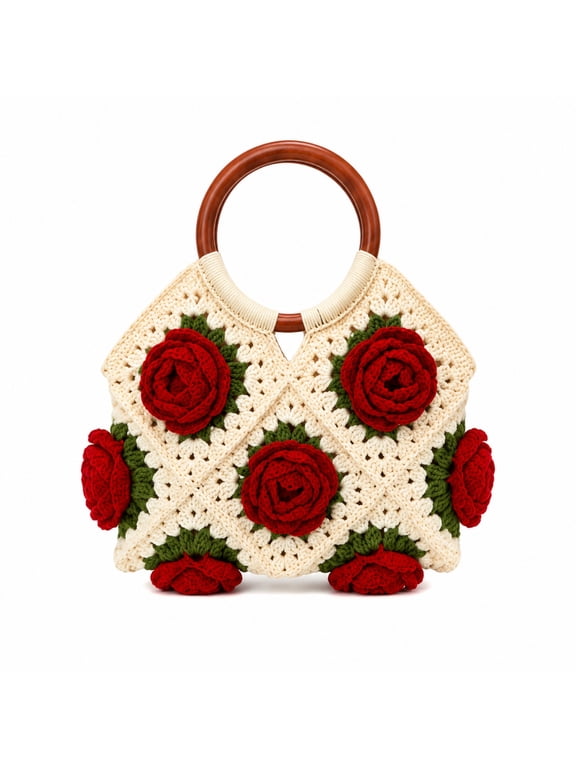 Handmade Crochet Handbag with 3D Rose Wooden Handle, Vintage Boho Shoulder Bag for Women, Cottagecore Summer Beach Purse, Beige Polyester
