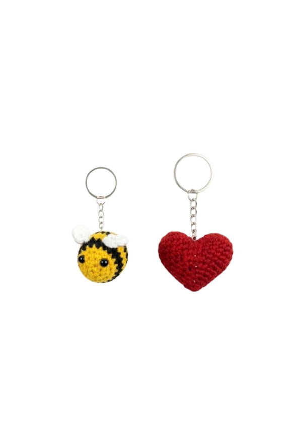 Handmade Crochet Heart & Bee Keychain Set – Cute Soft Knitted Key Ring Charms for Bags, Keys & Gifts