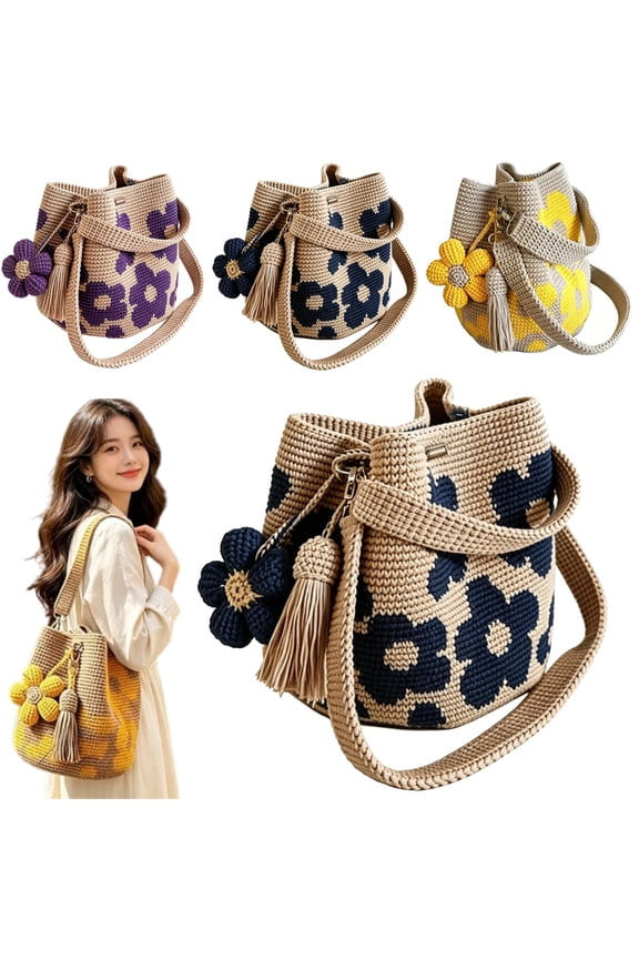 Handmade Crochet Kit Bag with Daisy Crochet Flower Floral Knitted Hand Bag for Women | Boho Small Hand-Carry Purse | Handmade, Black