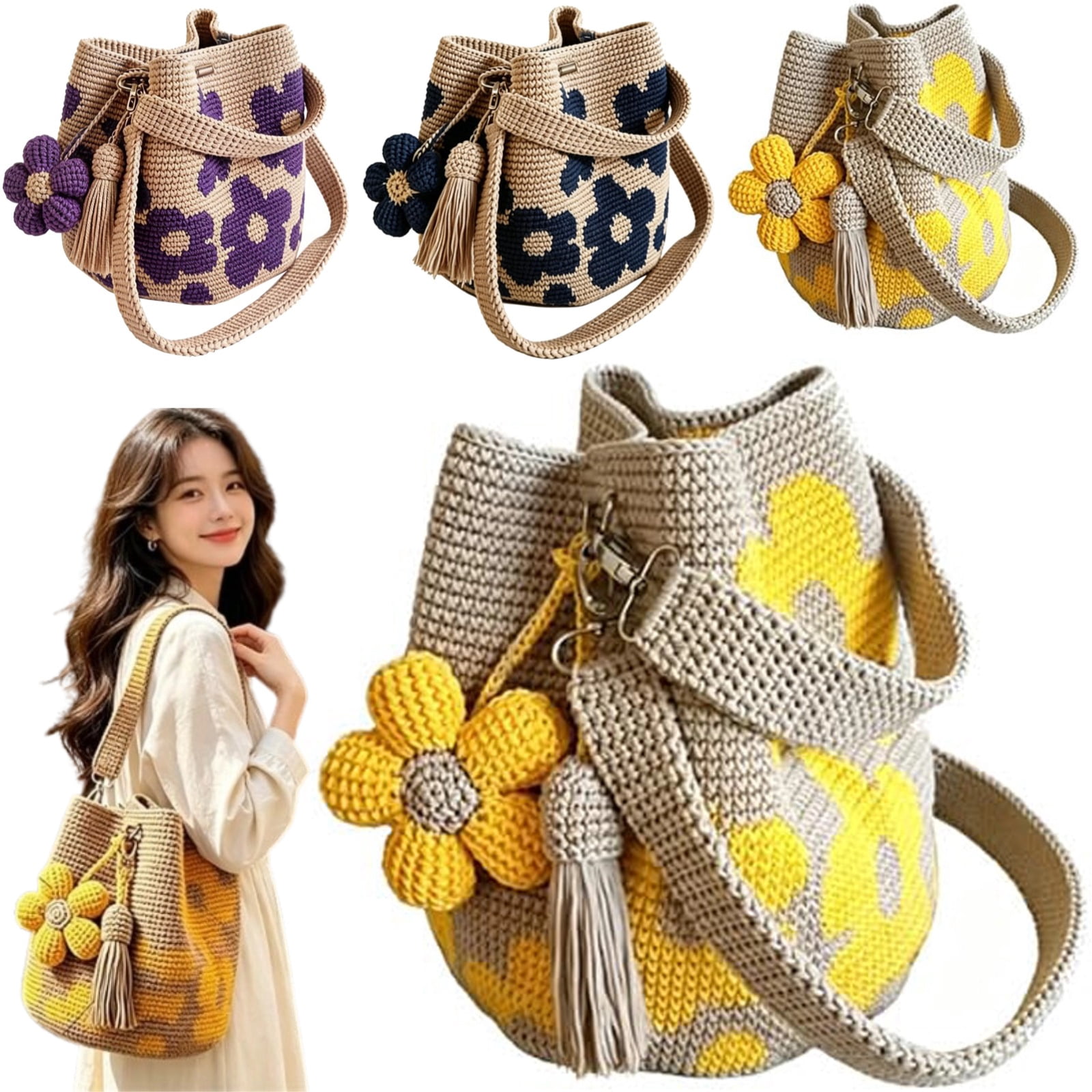 Handmade Crochet Kit Bag with Daisy Crochet Flower Floral Knitted Hand Bag for Women | Boho Small Hand-Carry Purse | Handmade, Yellow