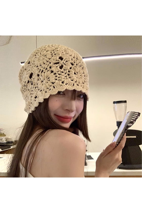 Handmade Crochet Knitted Hat Women's Retro Hollow Flower Beanie