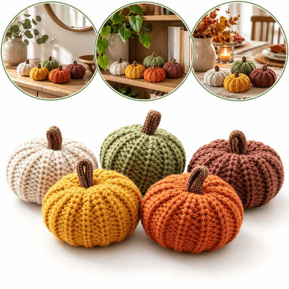 Handmade Crochet Knitted Pumpkin Decor Set of 5, Rustic Farmhouse Fall Decor, Orange Yellow Green Brown Beige Pumpkins for Halloween Thanksgiving Home Table Display
