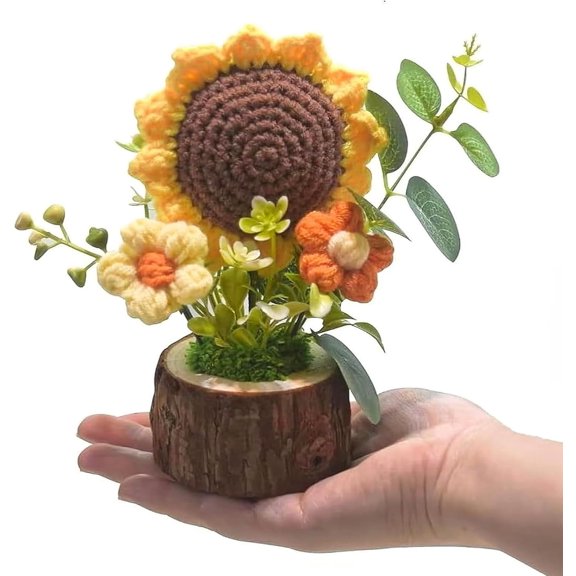 Handmade Crochet Knitted Sunflower Bouquet Creative Knitted Potted Plant Mini Cute Home Desktop Decorations and Gifts for Friends, Lovers, Classmates