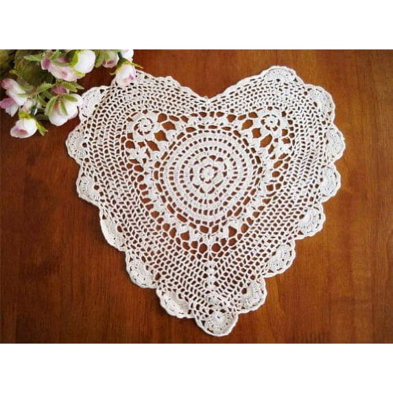Handmade Crochet Lace Heart Shape Centerpiece Doily, 14-inch, White Color