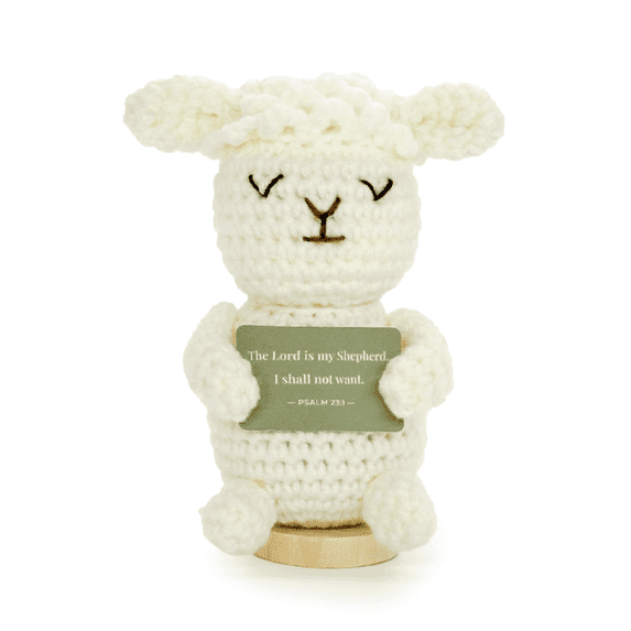 Handmade Crochet Lamb Figurine with Psalm 23:1 Card and Wooden Stand, Christian Keepsake Gift