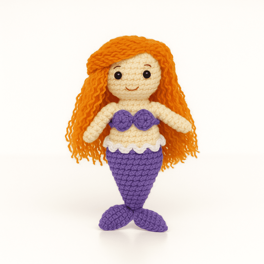 Handmade Crochet Mermaid Doll – Soft Woolen Plush with Orange Hair & Purple Tail | Ocean-Themed Gift for Kids & Nursery Decor