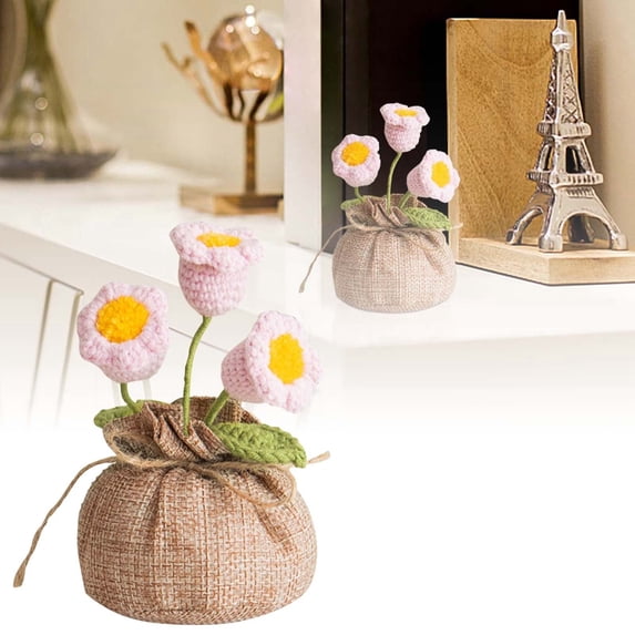 Handmade Crochet Mini Potted Boho Home Knitted Desktop Ornament Elegant Decorative For Desk Bedroom