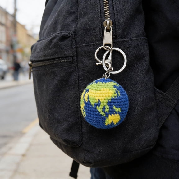 Handmade Crochet Ornament, Pixelated Earth Planet Backpack Charm Pendant, Versatile Hanging Home Decor and Car Accessory, Thoughtful Handmade Gift for Craft and Nature Enthusiasts