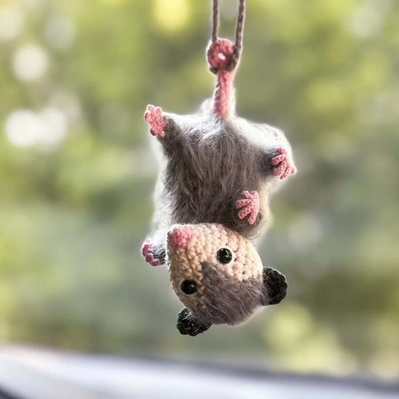 Handmade Crochet Possum Car Hanger Accessories, Cute Knitted Stuffed Animal Car Pendant, Adorable Interior Hanging Charm Ornament for Car Rearview Mirror & Vehicle Decor