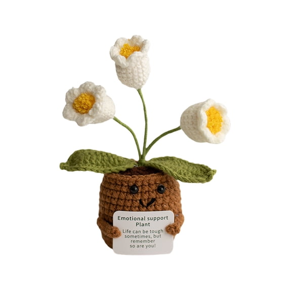 Handmade Crochet Potted Plant, 3 Heads White Lily of the Valley, 1 Piece Finished Knitted Emotional Support Doll Decor, for Home Office Desk Decoration Car Interior Ornament Holiday Gift