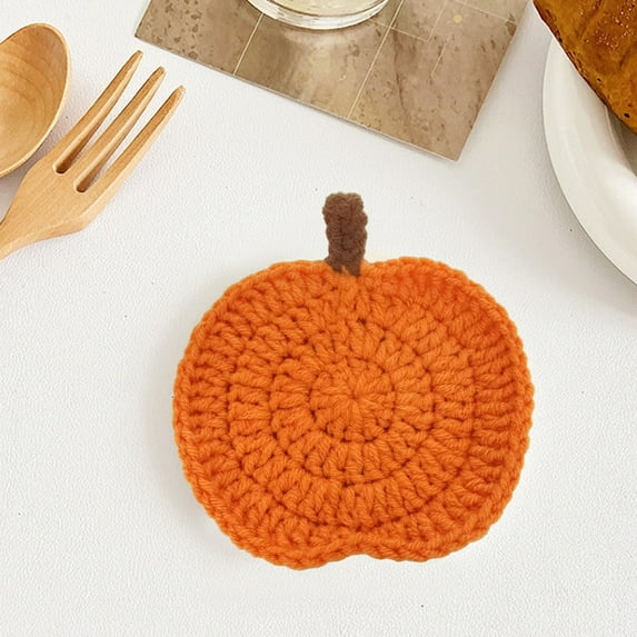 Handmade Crochet Pumpkin Coaster, Polyester Beverage Mat for Thanksgiving Halloween Table Decor, Set of 1 Fall Harvest Party Supply(B)