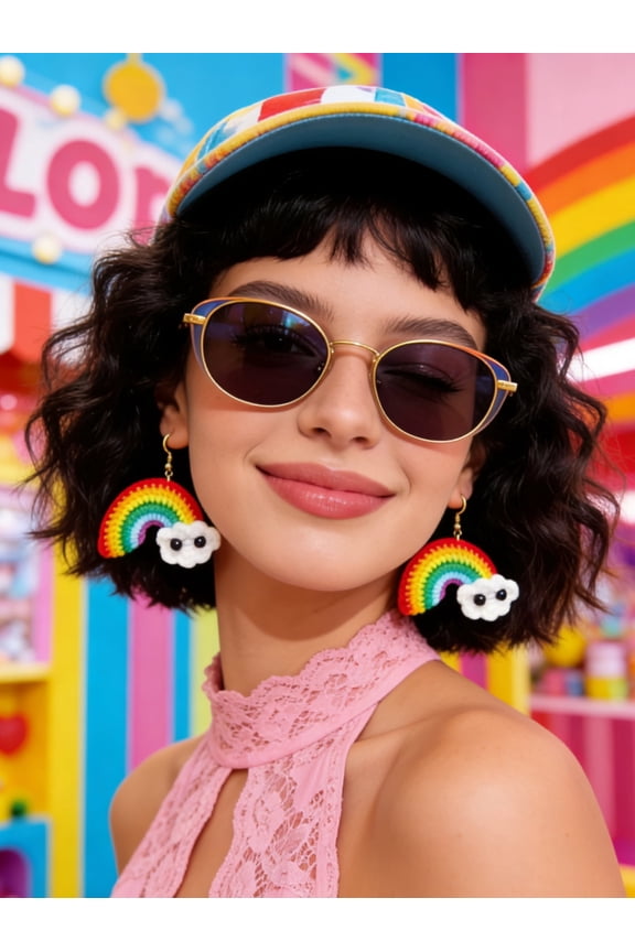 Handmade Crochet Rainbow Cloud Earrings,Colorful Bohemian Statement Dangle Earrings with Gold Hooks, Cute Kawaii Jewelry Accessories for Women, Festival Party Gift