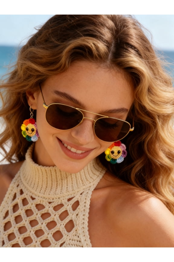 Handmade Crochet Rainbow Smiley Flower Earrings,Colorful Happy Face Dangle Earrings, Cute Boho Statement Jewelry for Women, Festival Beach Accessories