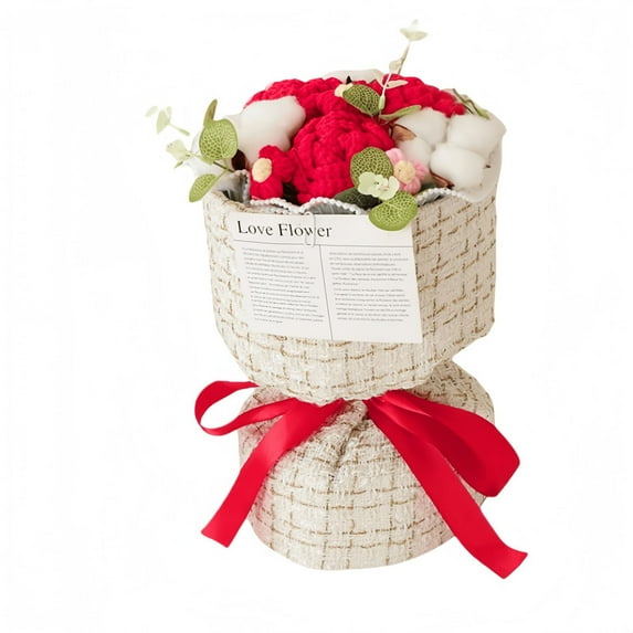 Handmade Crochet Rose Bouquet 11. Inch, Knitted Rose Wildflowers with Boxwood Leaves, Crocheted Yarn Flowers for Mother's Day Teacher's Day Home Wedding Decor with Gift Bag Card