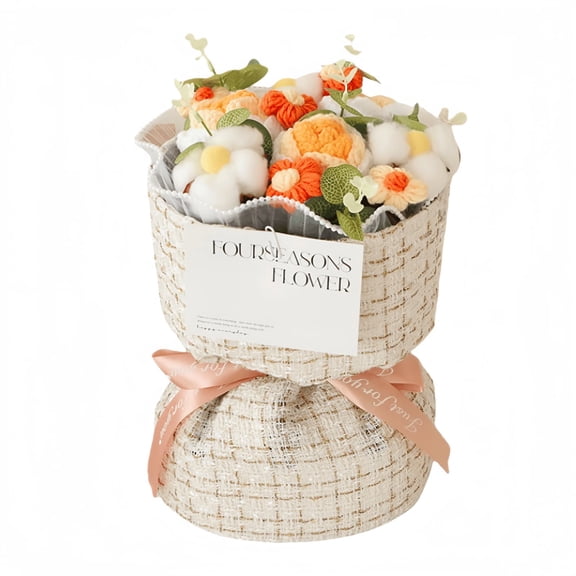 Handmade Crochet Rose Bouquet 11. Inch, Knitted Rose Wildflowers with Boxwood Leaves, Crocheted Yarn Flowers for Mother's Day Teacher's Day Home Wedding Decor with Gift Bag Card