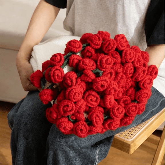 Handmade Crochet Rose Bouquet Blanket, Soft Knit Throw for Bed Sofa Couch, Decorative Flower Blanket for Valentines, Birthday, Wedding Gift,Red