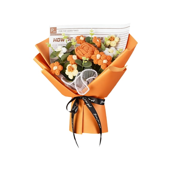Handmade Crochet Rose Bouquet, Knitted Artificial Flowers for Valentine's Day & Mother's Day, Romantic Everlasting Yarn Floral Arrangement, Unique Anniversary Gift for Her(Orange)