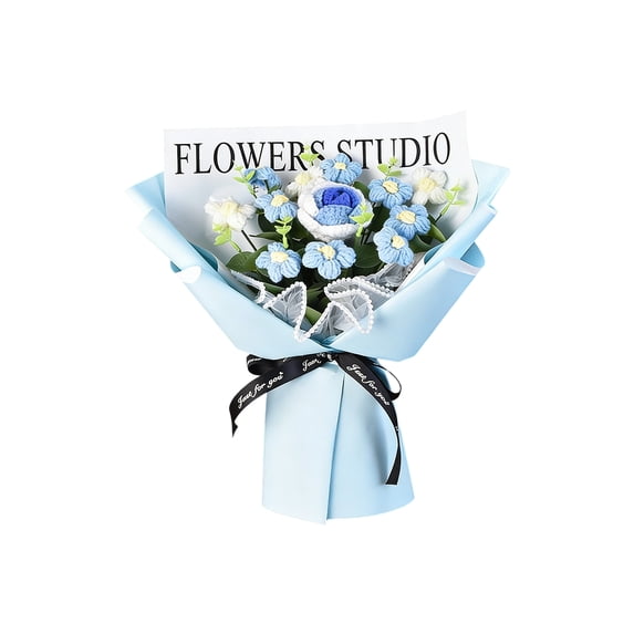 Handmade Crochet Rose Bouquet, Knitted Artificial Flowers for Valentine's Day & Mother's Day, Romantic Everlasting Yarn Floral Arrangement, Unique Anniversary Gift for Her(Sky Blue)