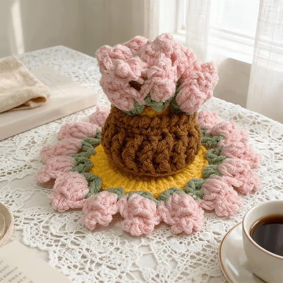 Handmade Crochet Rose Mat & Yarn Storage Basket Set, Heat-Insulated Cup Pad & Small Desktop Organizer, Soft Multicolor Polyester Ornament Holiday Gift