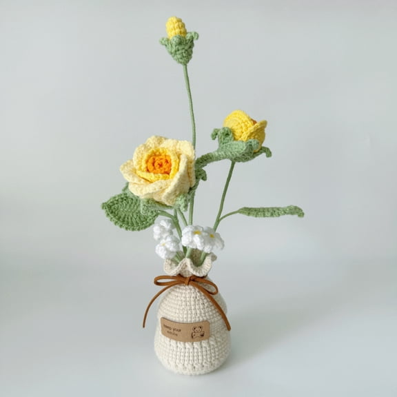 Handmade Crochet Rose Vase with Brown Twine Bow and "LOVE" Tag - Pink & White Roses, Green Leaves, and White Flowers in Beige Crocheted Pot - Perfect for Home Decor, Christmas, Easter
