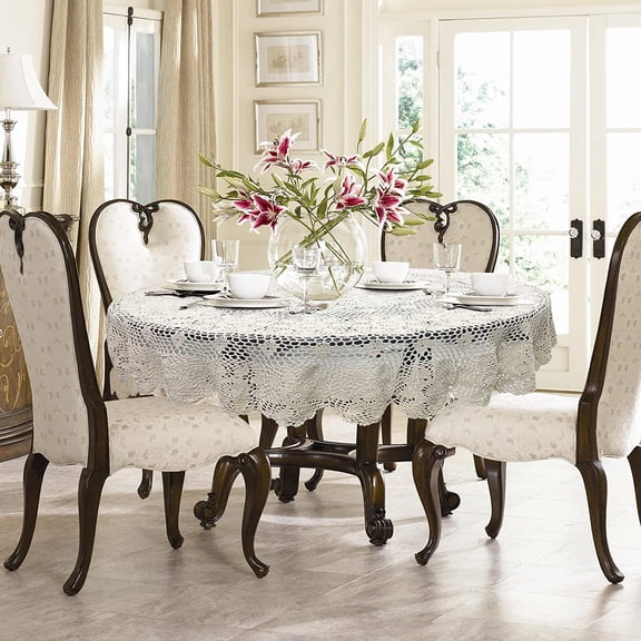 Handmade Crochet Round Tablecloth 60-inch Beige Lace Table Overlays Floral Table Covers for Bedroom Kitchen Coffee Dining