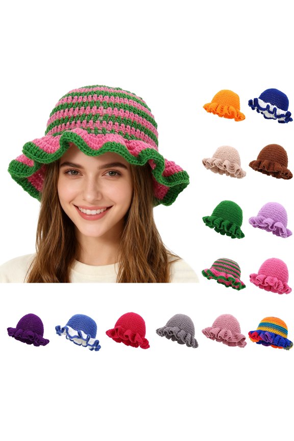 Handmade Crochet Ruffled Wool Hat Fashionable Colorful Wide Brimmed Unisex Hat with Flounced Edge