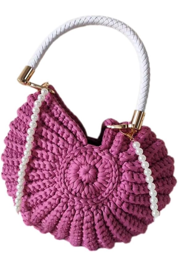 Handmade Crochet Seashell Purse with Pearl Chain Summer Woven Handbag Small Shell Crossbody Beach Bag