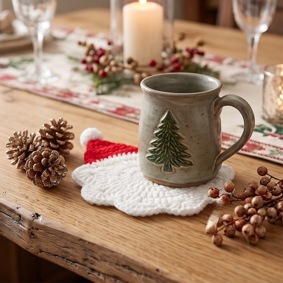 Handmade Crochet Snowflake Santa Hat Mug Mats Cotton Table Decor for Hot Cocoa Coffee Tea 1 Count