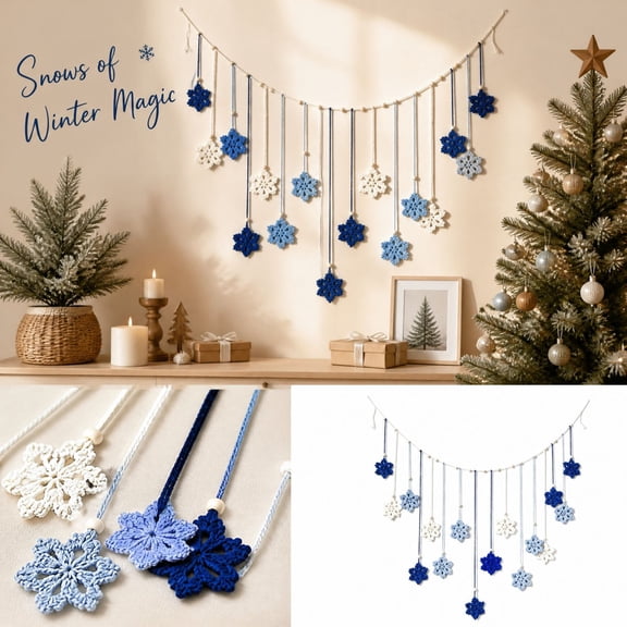 Handmade Crochet Snowflake Wall Hanging Garland with Tassels, Blue and White, for Kids Room, Christmas Decoration