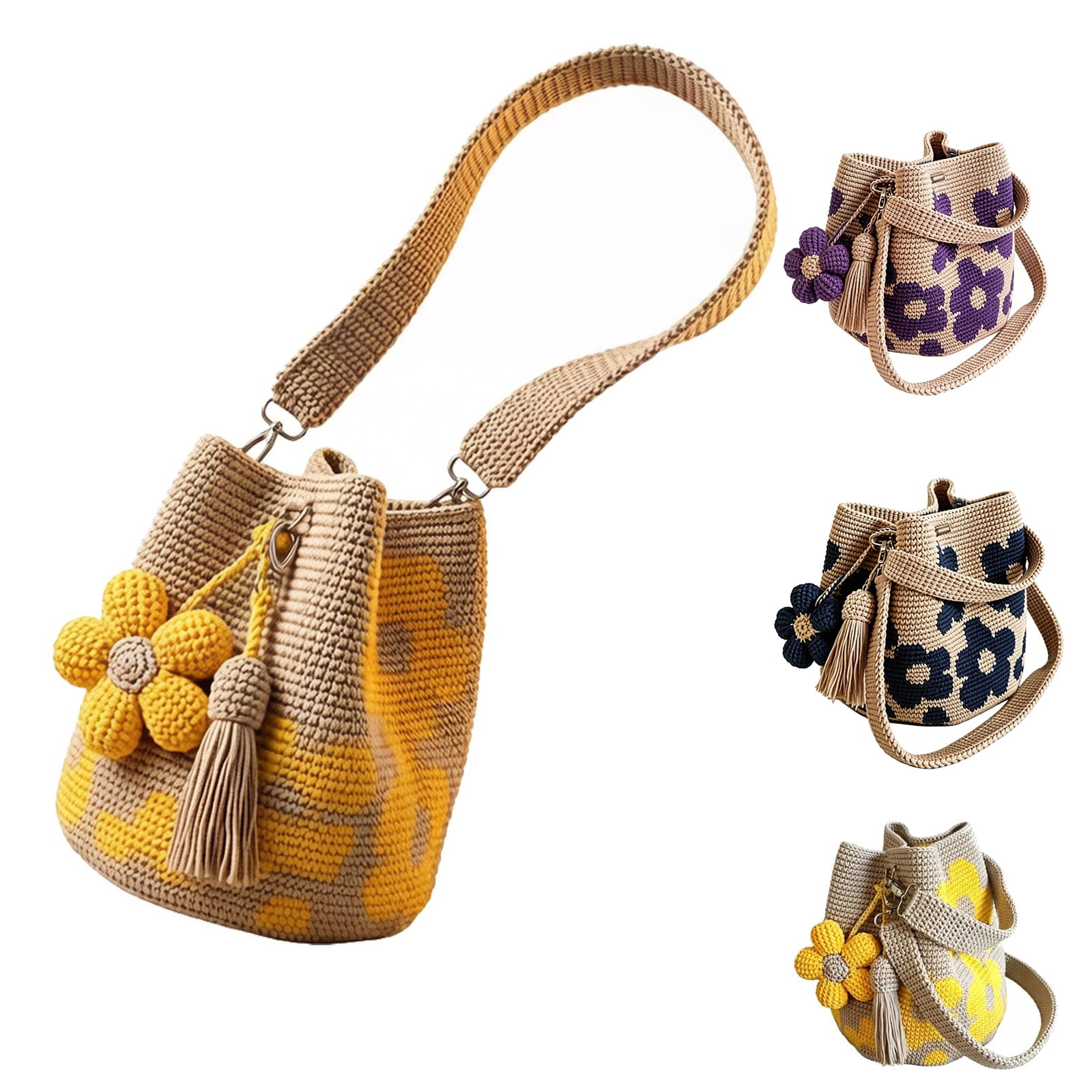 Handmade Crochet Sunflower Blossom Phone Bag Knitted Bag for Women, Handmade Crochet Flower Tote, Knit Floral Purse Bag, Black