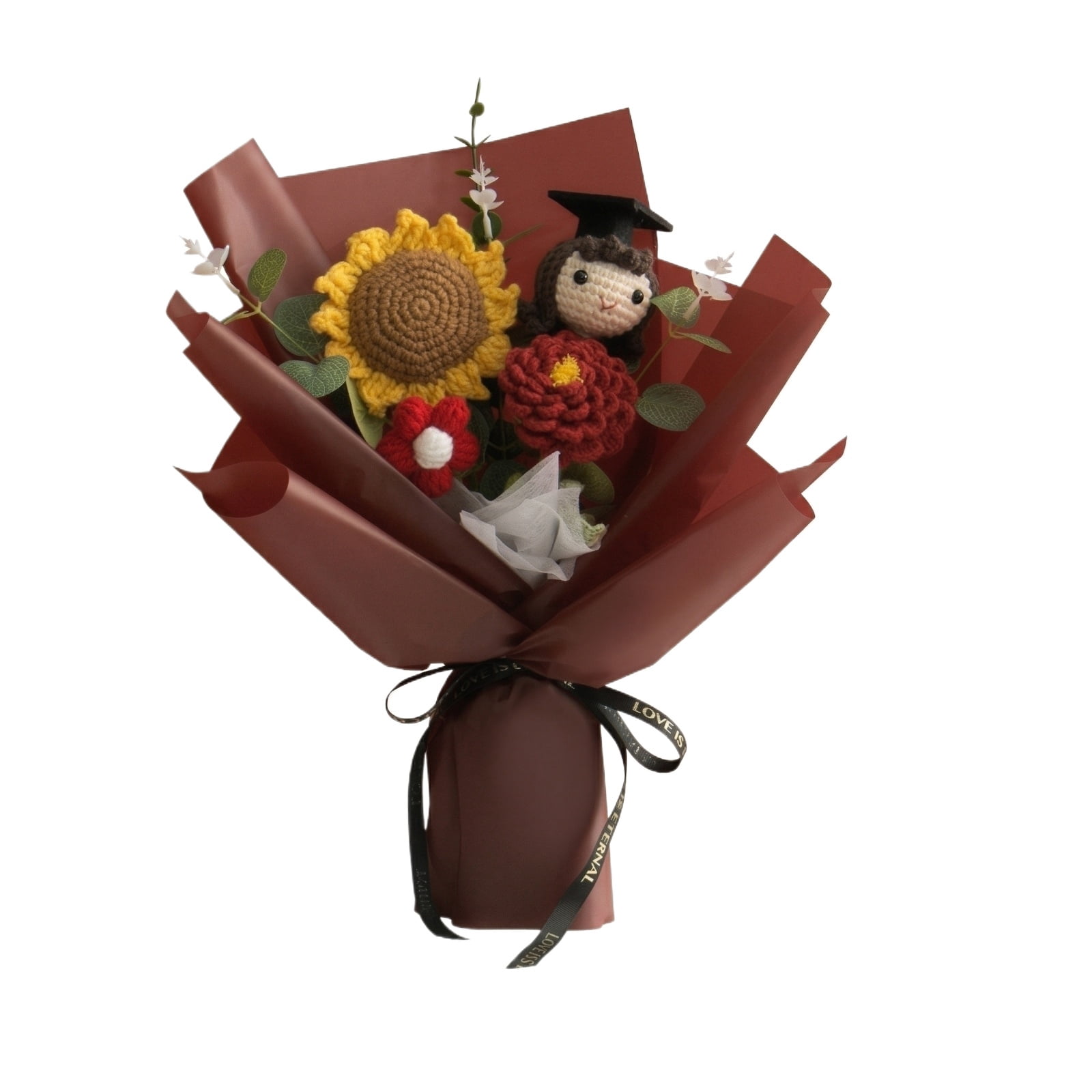 Handmade Crochet Sunflower Bouquet Graduation Cap Decorations Graduation Gifts Crochet Flower Bouquet with Brown Floral Wrapping Paper and Graduation Ribbon for Graduation Decor