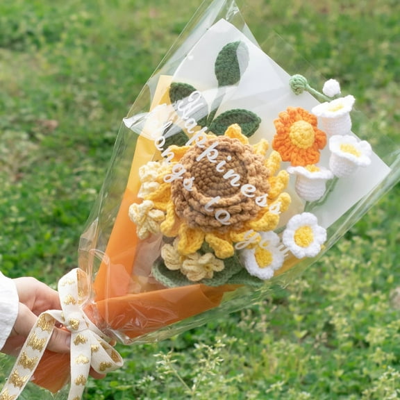 Handmade Crochet Sunflower Bouquet, Knitted Artificial Forever Flowers with Exquisite Wrap, Gift to Girlfriend Mom Women, Perfect for Mother's Day, Home Decor, Celebration