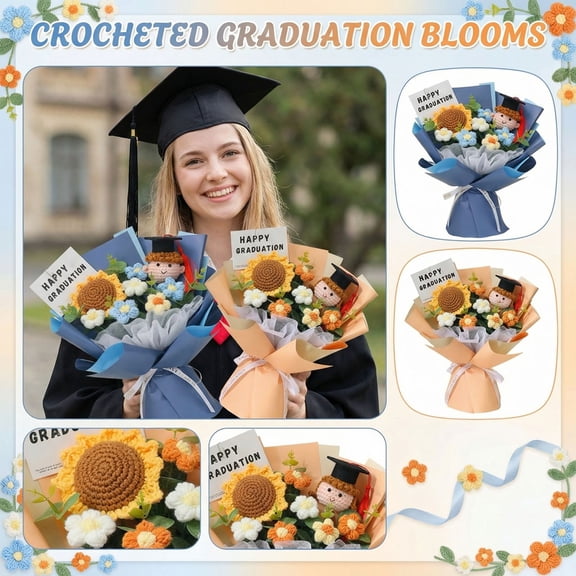Handmade Crochet Sunflower Flower with Graduation 13.78 In Ultra-Soft Graduation Bouquet Stuffed Dolls Graduation Collectible Toys for Fan,Blue