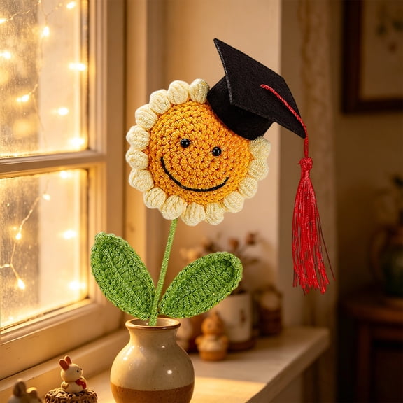 Handmade Crochet Sunflower Graduation Bouquet with Cap Smiling Face Knitted Artificial Flower Gift for Student Classmate,B