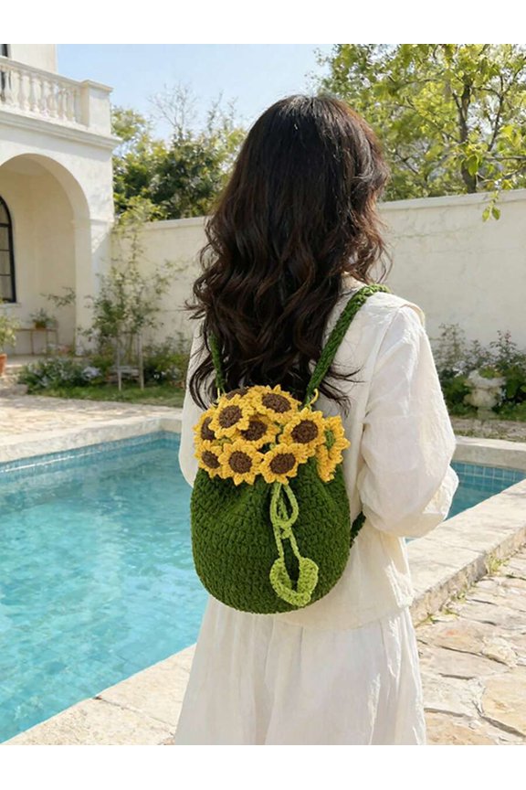 Handmade Crochet Sunflower Green Drawstring Bucket Backpack