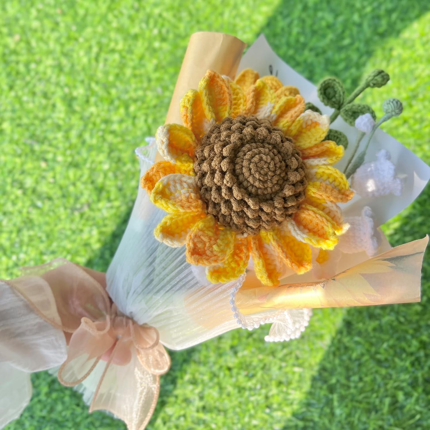 Handmade Crochet Sunflower Tulip Bouquet, Knitted Artificial