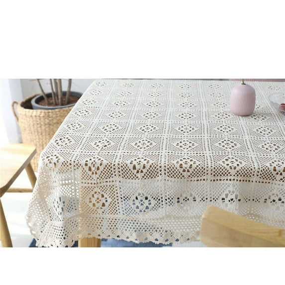 Handmade Crochet Tablecloth Cotton Lace Table Cloth Rectangular Table Cover for Kitchen Dinning Wedding Party Decoration, Beige