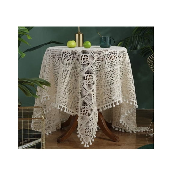 Handmade Crochet Tablecloth Cotton Lace Table Cloth Rectangular Table Cover for Kitchen Dinning Wedding Party Decoration, Beige