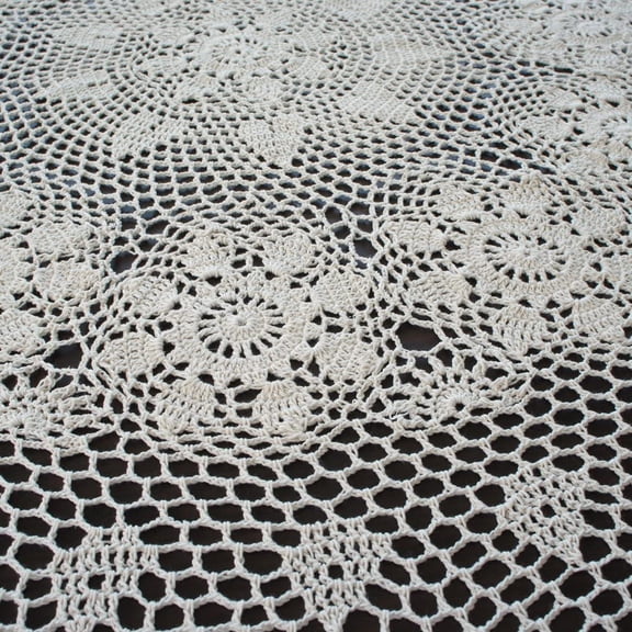Handmade Crochet Tablecloth Round Beige 48-inch Cotton Lace Table Overlay for Coffee, TV, Bedside, Sofa