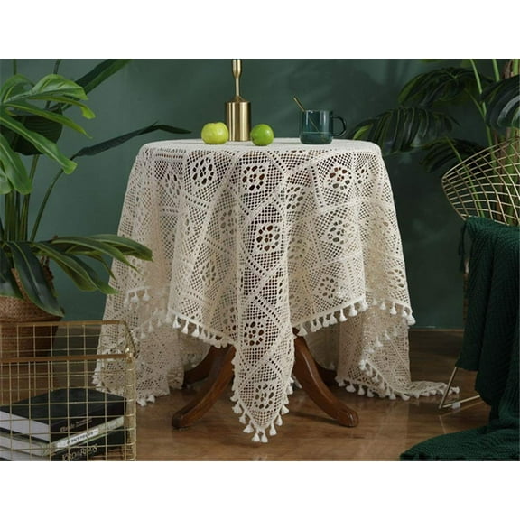 Handmade Crochet Tablecloth Tassels Table Cover for Rustic Wedding Bridal Shower Kitchen Dining Tabletop Décor, 100*100cm