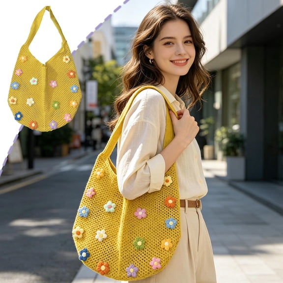 Handmade Crochet Tote Bag Floral Knit Shoulder Bag Bohemian Large Capacity Beach Shopping Bag, Soft Comfortable Durable Daily Commute Travel Use, Women Vacation Holiday Outdoor Fashion Accessory Gift