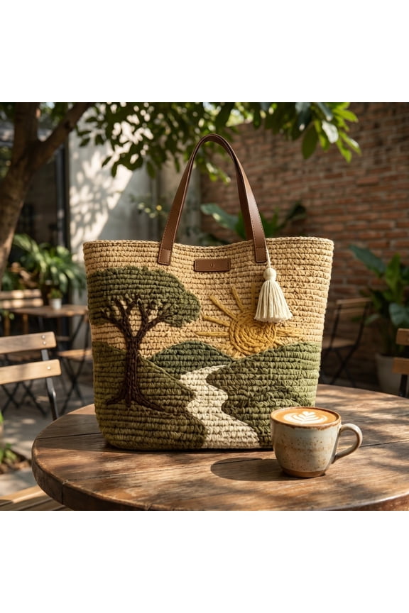 Handmade Crochet Tote Bag Women Woven Shoulder Bag Tree Sun Embroidery Cotton Knit Beach Bag Casual Daily Fashion Accessory Summer Travel Handbag Gift Collection