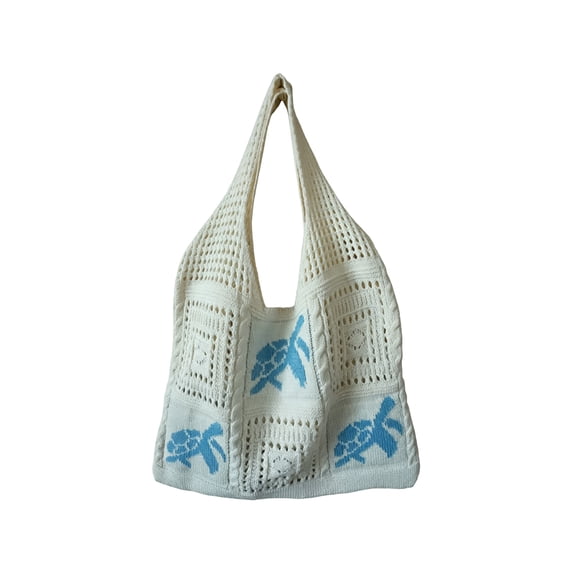 Handmade Crochet Tote Bag for Women, Large Mesh Beach Shoulder Bag with Sea Turtle, Boho Underarm Purse for Shopping Travel Vacation, Beige Polyester