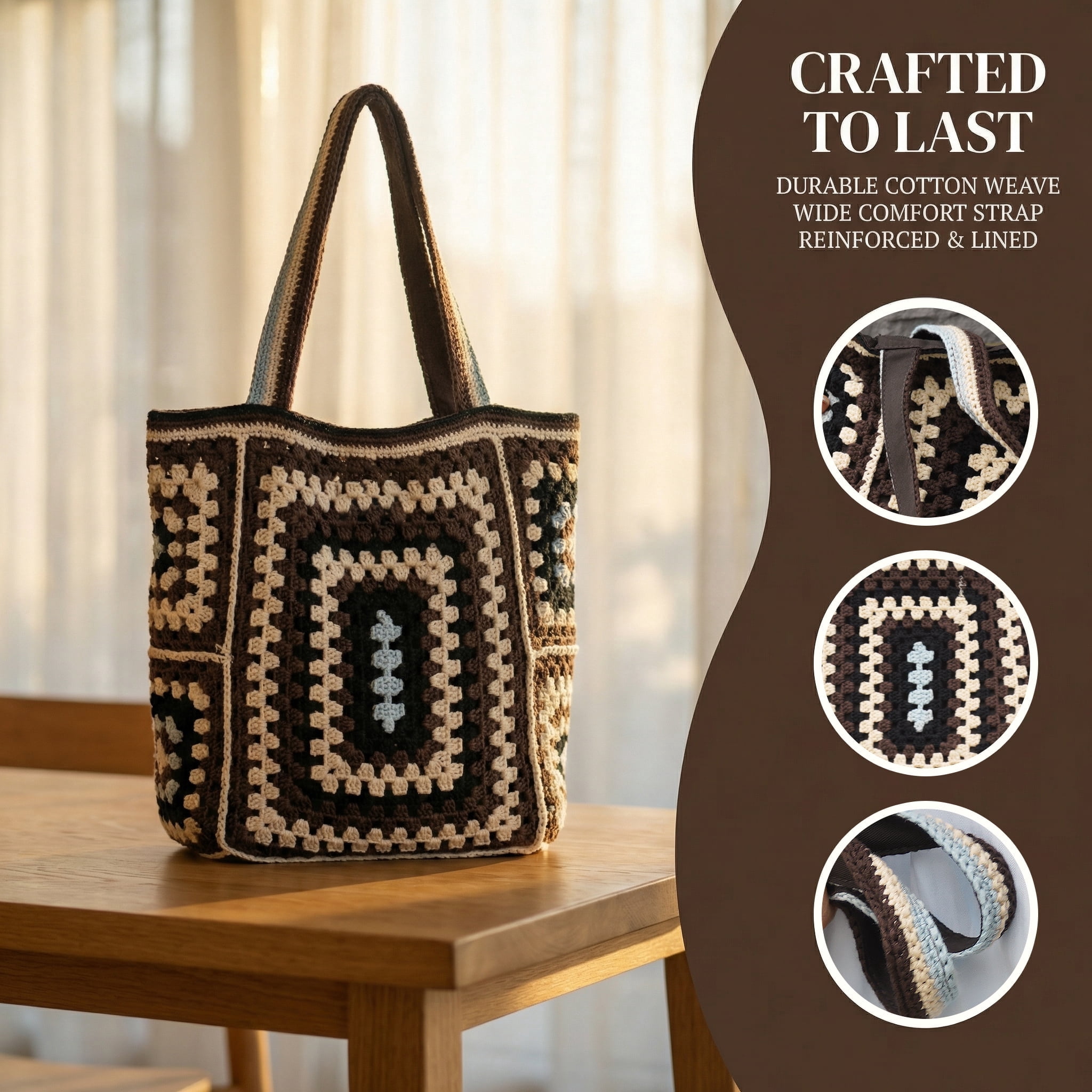 Handmade Crochet Tote Bag for Women, Vintage Granny Square Floral Shoulder Bag with Zipper and Lining, Large Capacity Boho Beach Bag